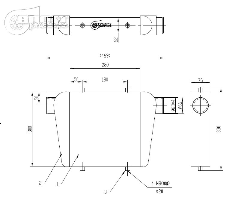 BOOST Fine&Tube univerzális verseny intercooler 280x300x76mm - 63mm