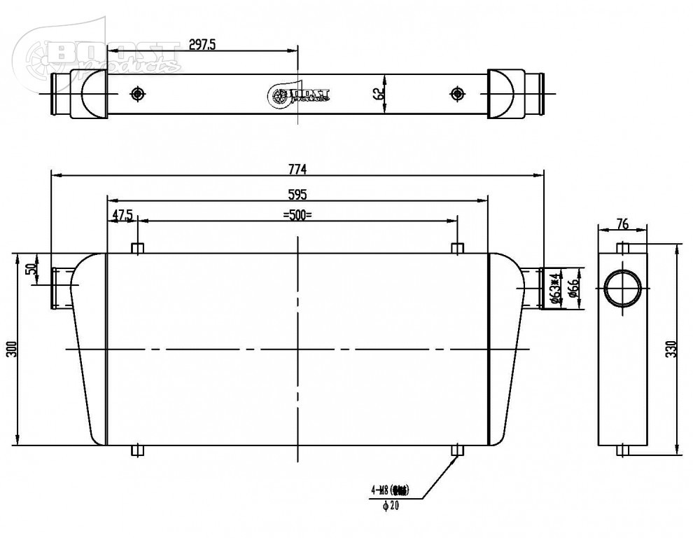 BOOST Fine&Tube univerzális verseny intercooler 600x300x76mm - 63mm