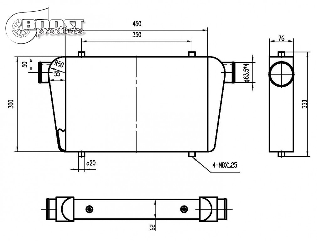 BOOST Fine&Tube univerzális verseny intercooler 450x300x76mm - 63mm