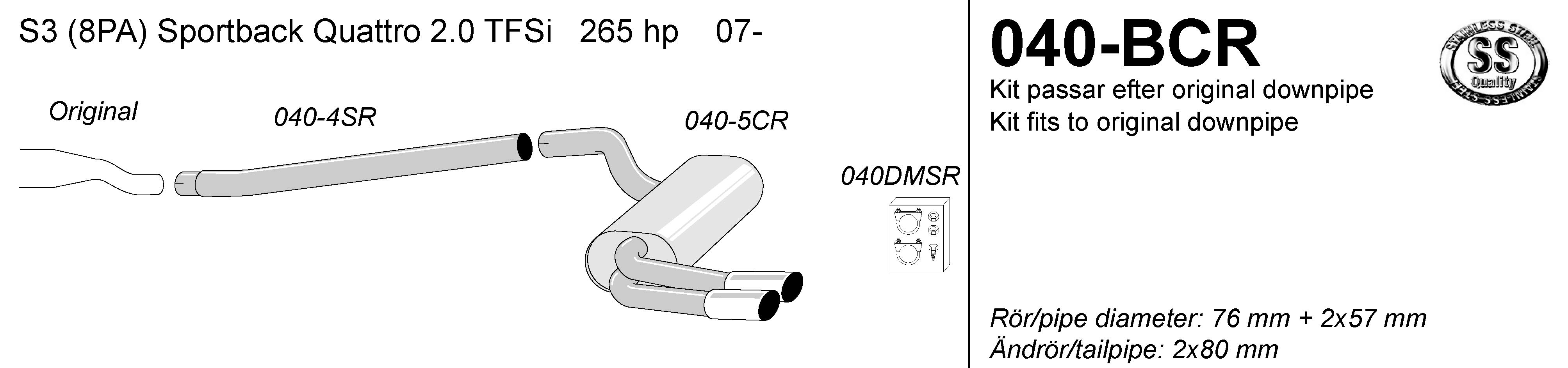 SIMONS leömlő utáni sport kipufogó AUDI S3 (8PA) Quattro 2.0TFSI 265LE