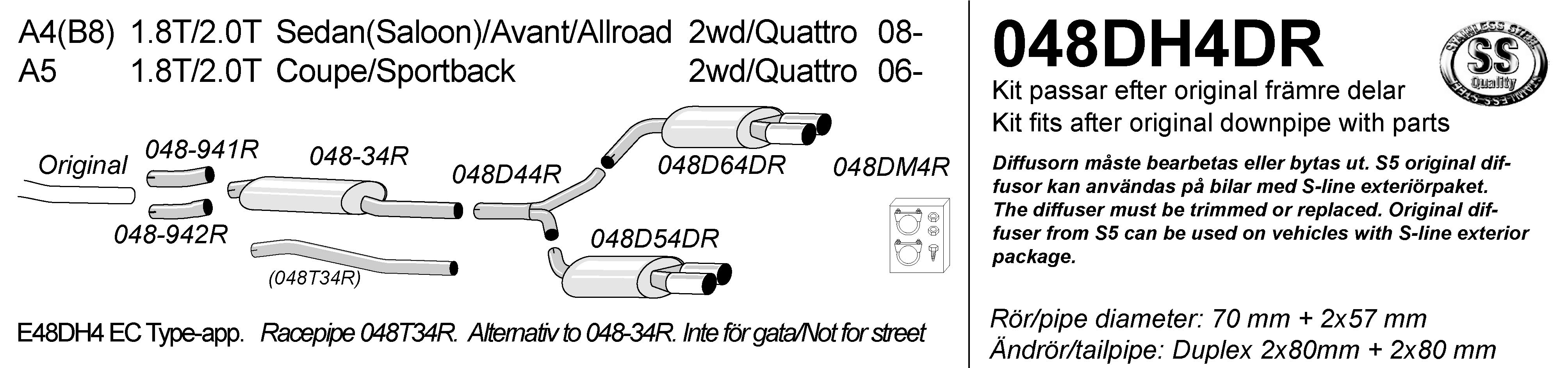 SIMONS 2xDuplex Sport Cat-back Exhaust System AUDI A4 (B8) 1.8T 2.0T 2008-2016