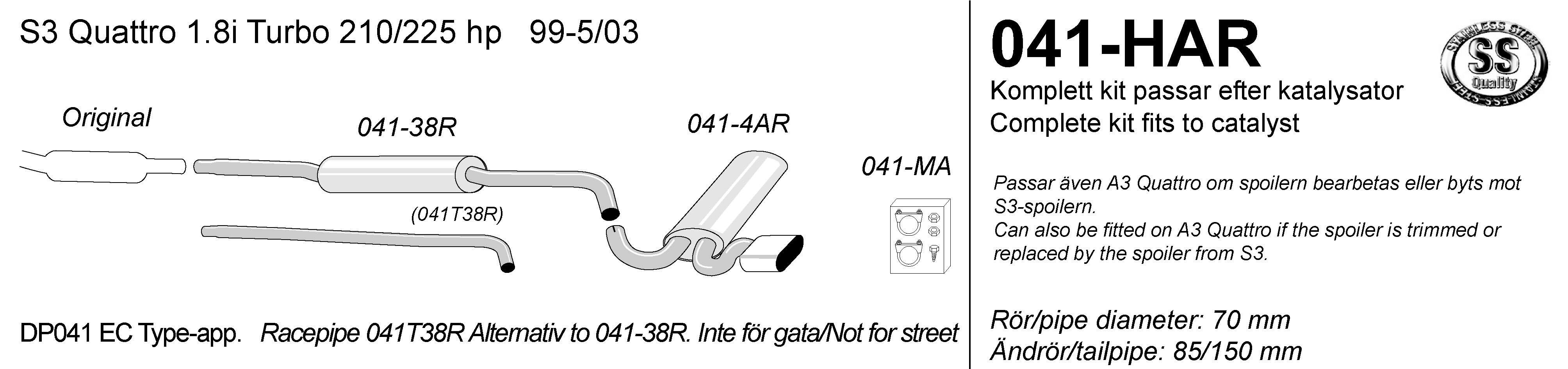 SIMONS Sport Cat-back Exhaust AUDI S3 (8L) Quattro 1.8T 210/225LE 1999-2003
